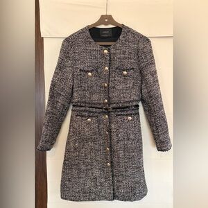 Chic Black and White Tweed Coat Dress with Gold Buttons